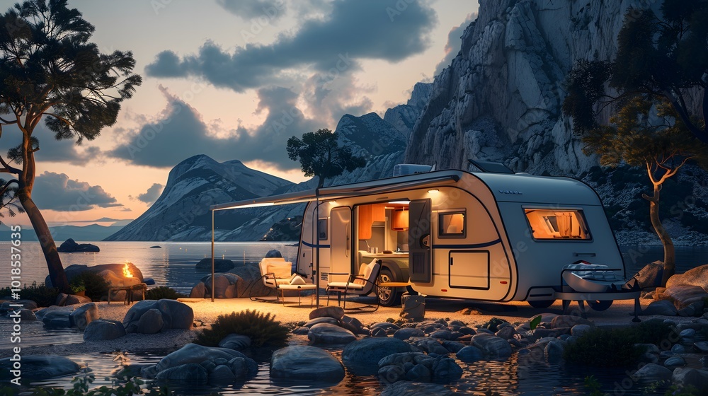 Modern Caravan in Serene Outdoor Setting at Dusk Modern Caravan in Serene Outdoor Setting at Dusk