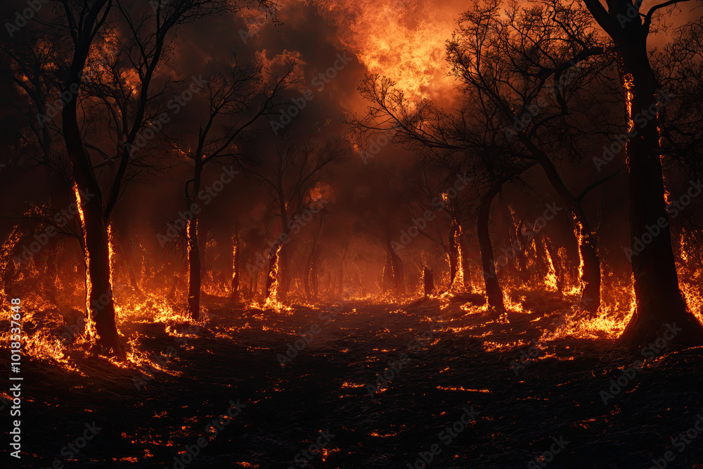 landscape on fire, burning ground level in the forest, glowing flames, red firey sky, photorealistic landscape on fire, burning ground level in the forest, glowing flames, red firey sky, photorealistic
