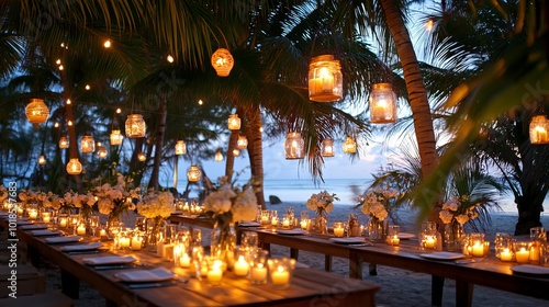 Romantic Beachfront Dinner Party with Candlelight and Palm Trees