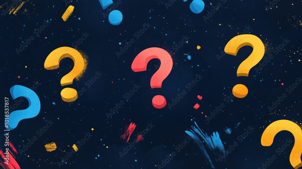 Bright question mark icons floating against a dark blue background, creating a sense of wonder and intrigue Bright question mark icons floating against a dark blue background, creating a sense of wonder and intrigue