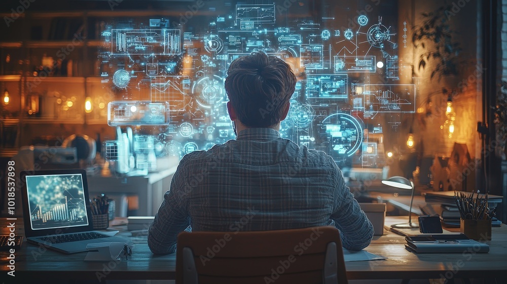 Man Working on Laptop with Holographic Data Visualization Man Working on Laptop with Holographic Data Visualization