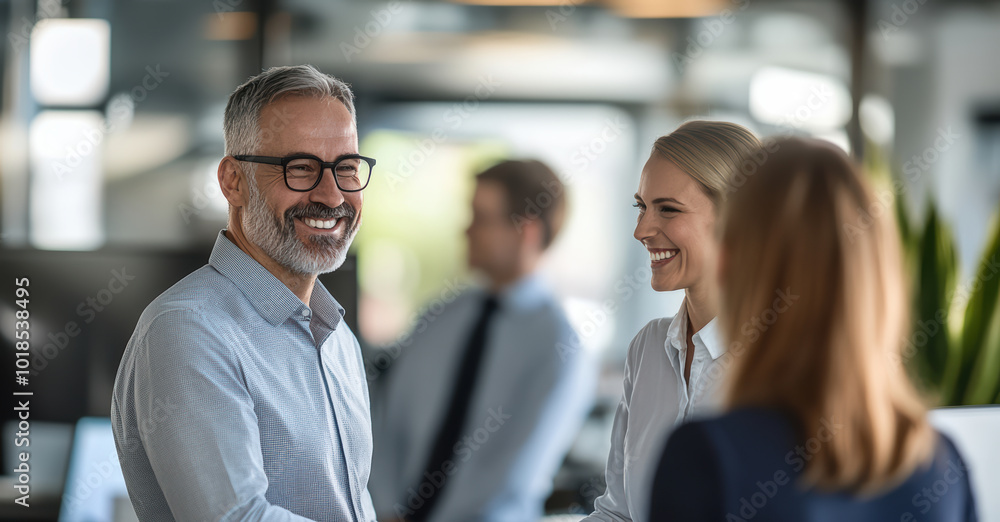 Business professionals meet for the first time at a conference, exchanging smiles and handshakes as they introduce themselves. The environment is welcoming and conducive to networking. Business professionals meet for the first time at a conference, exchanging smiles and handshakes as they introduce themselves. The environment is welcoming and conducive to networking.