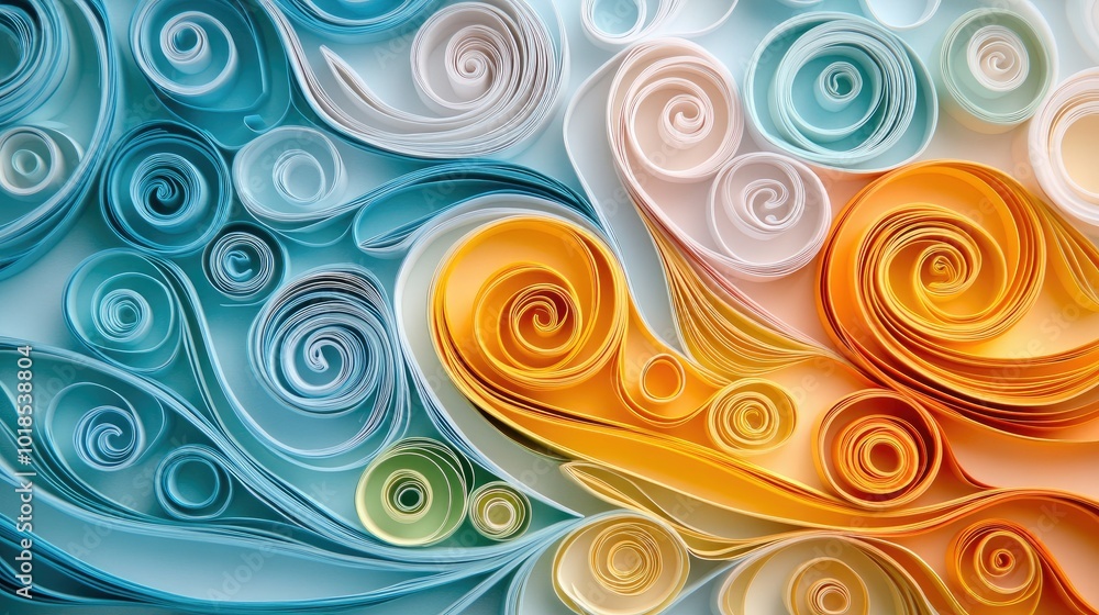 Close-up of colorful paper quilling waves, featuring orange, yellow, and white spirals on a soft blue backdrop. Close-up of colorful paper quilling waves, featuring orange, yellow, and white spirals on a soft blue backdrop.