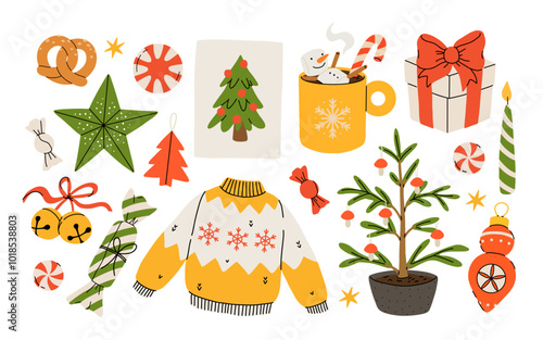 Hygge Winter elements set. Cute and cozy cartoon vector collection. Illustration of christmas present, festive garland, warm knitted sweater, envelope, star and skates.
