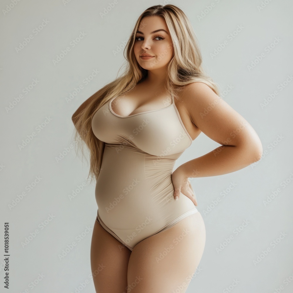 Fototapeta premium Graceful woman poses in beige swimsuit with long hair