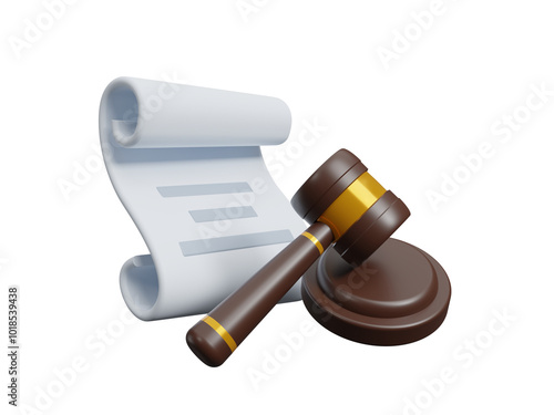 3D Wooden judge gavel and lawsuit document icon on on transparent background, Legal advice business concept. Legal consulting discussion defendant punishment law in courtroom. 3d render illustration