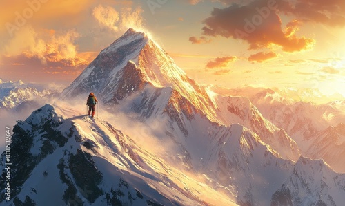 A lone hiker on a snow-capped mountain peak at sunset.