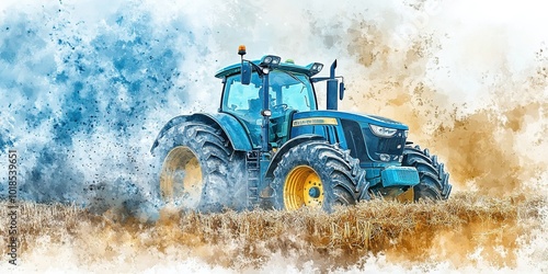 A vibrant watercolor illustration of a tractor working in an abstract agricultural field, capturing the essence of harvesting and modern farming techniques. This AI-generated wallpaper serves as an en