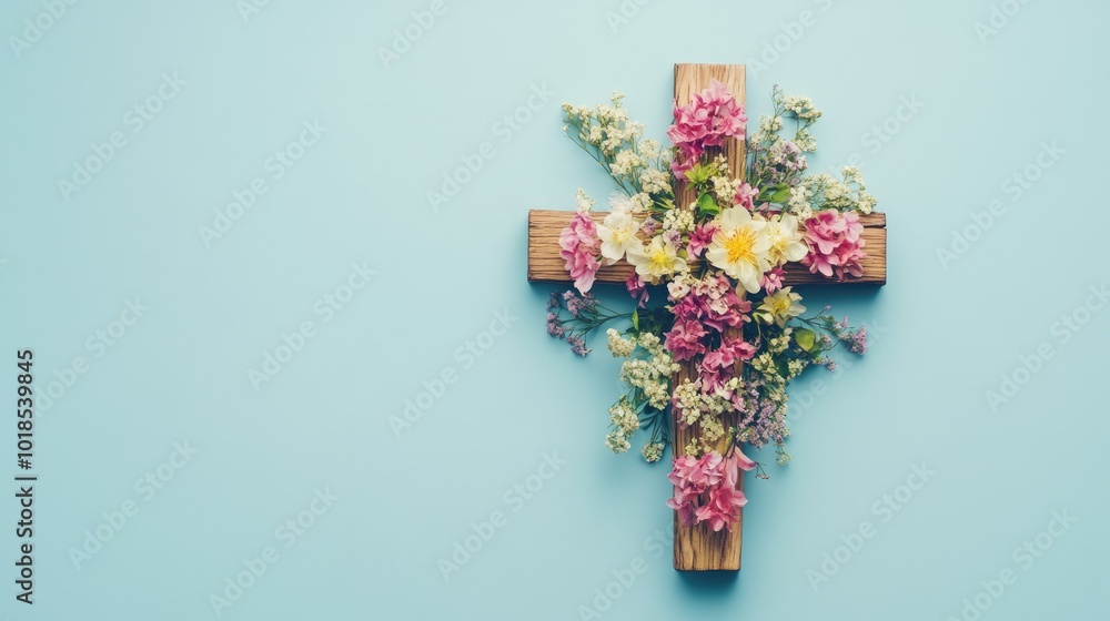 Cross made of wood, adorned with fresh flowers, against a soft light blue background, symbol of peace and hope Cross made of wood, adorned with fresh flowers, against a soft light blue background, symbol of peace and hope