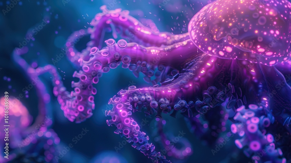 Produce a 3D glowing render of bioluminescent creatures in a deep-sea scene Produce a 3D glowing render of bioluminescent creatures in a deep-sea scene