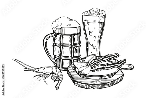 vector illustration of beer snacks, hand drawn composition with two glasses with beer and foam, iron frying pan with bacon and potato slices, shrimp, inked sketch for beer restaurant, pub, monochrome