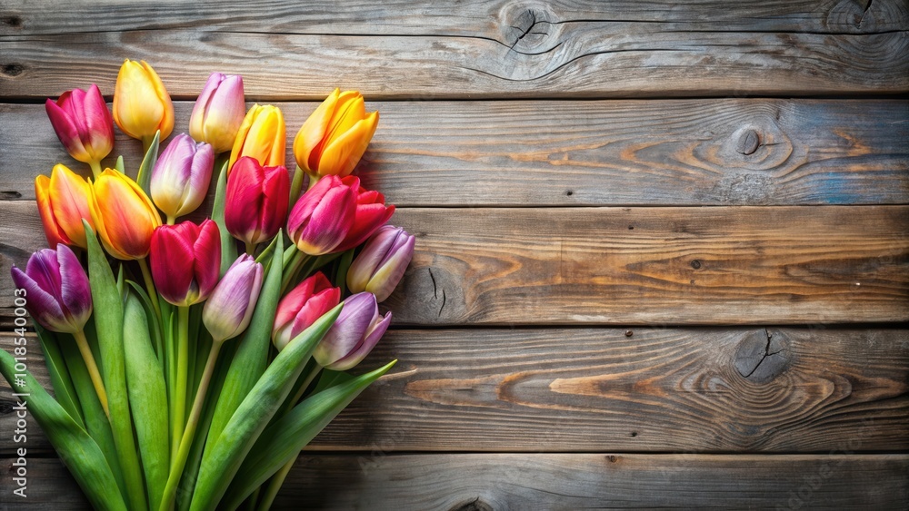 A vibrant bouquet of colorful tulips arranged on a rustic wooden background, perfect for a spring-themed design. A vibrant bouquet of colorful tulips arranged on a rustic wooden background, perfect for a spring-themed design.