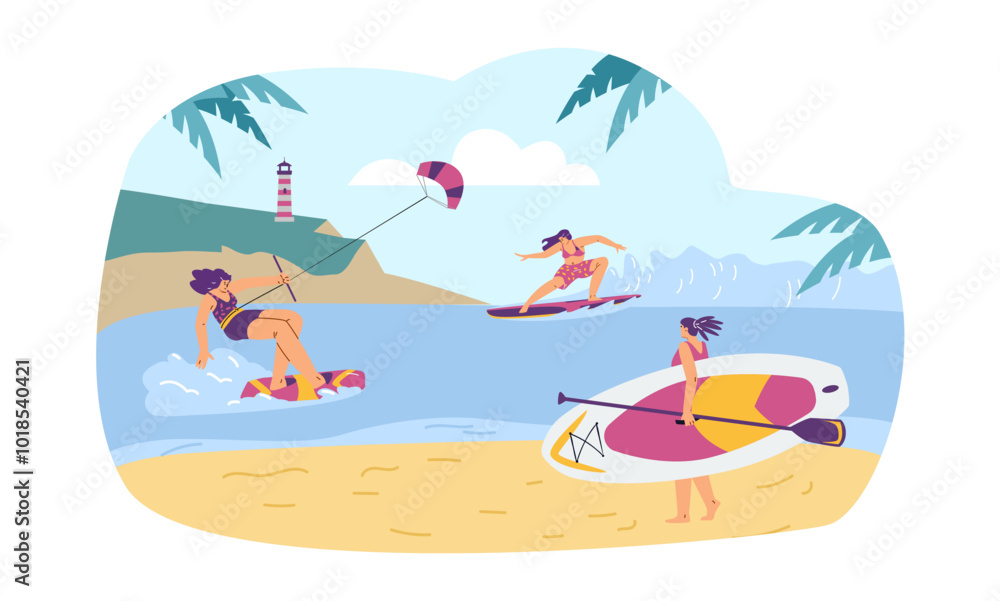 Fototapeta premium Vector graphics of young people doing sports on the beach: cupboard, kiteboard, surfing.