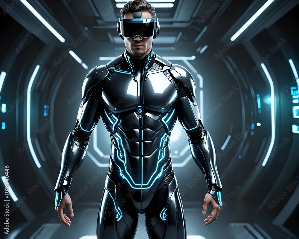 Futuristic human in advanced silver armor wearing virtual reality goggles inside a high-tech laboratory Futuristic human in advanced silver armor wearing virtual reality goggles inside a high-tech laboratory