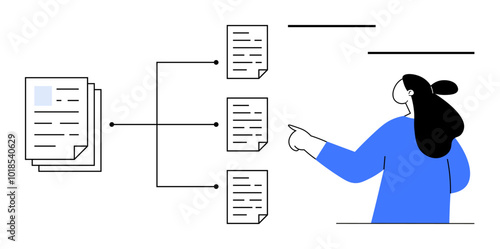 Person with documents connected by arrows showing a structured workflow concept. Ideal for business management, project planning, document organization, workflow illustration, and data management