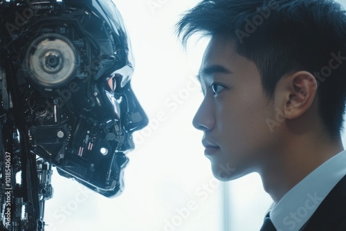 Human and robotic face-off with intense focus and poise photo