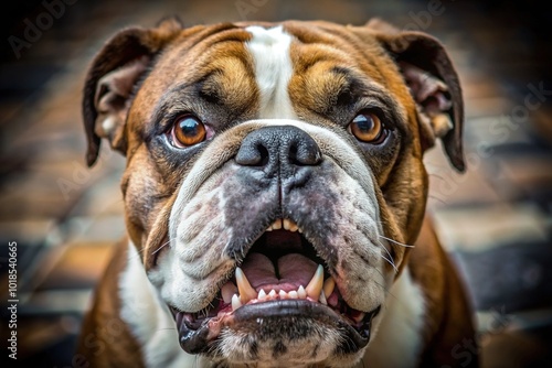 The bulldog's snarling face fills the frame, its tongue lolling out as it barks ferociously straight into the camera lens, eyes blazing with hostility.