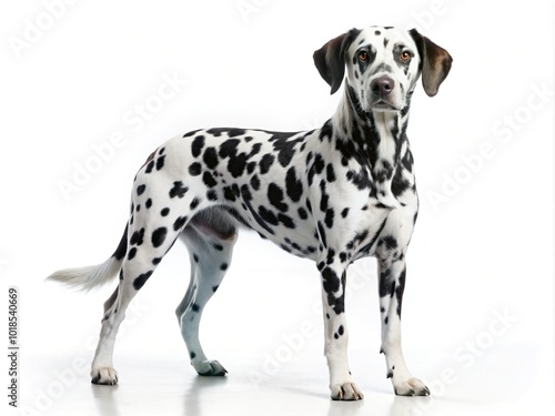 The black and white spotted dog stands proudly in front of a pure white background, its energetic gaze fixed on the horizon.