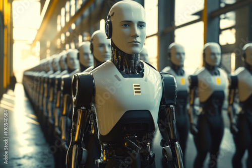 Wallpaper Mural Line of Robots in Uniformity Representing Future Work Torontodigital.ca