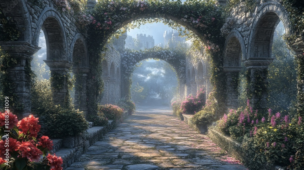 Stone Archway Path Leading Through a Misty, Forested, and Floral Garden Stone Archway Path Leading Through a Misty, Forested, and Floral Garden