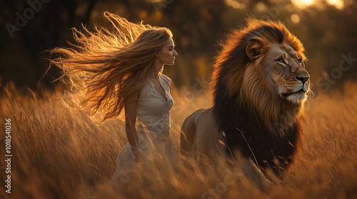  A lion with a powerful look walks next to a woman in an airy dress, giving the impression of protection and strength in this harmonious tandem.
