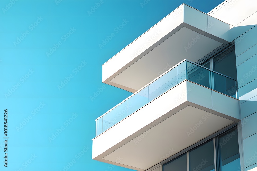 Obraz premium A minimalist balcony with a glass railing, extending from a modern building against a clear blue sky