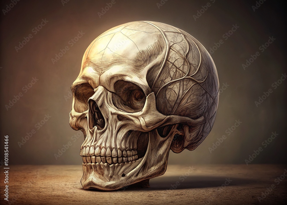 The skull's delicate curves and ridges are rendered in gentle shading, highlighting the sutures and foramen. The skull's delicate curves and ridges are rendered in gentle shading, highlighting the sutures and foramen.