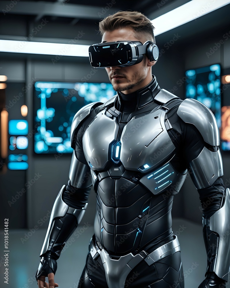 Futuristic human in advanced silver armor wearing virtual reality goggles inside a high-tech laboratory Futuristic human in advanced silver armor wearing virtual reality goggles inside a high-tech laboratory