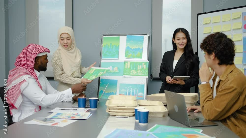 Group of multicultural business people in a discussion reusable product, implementing environmental protection, using whiteboards and presentation materials, eco-friendly packaging Group of multicultural business people in a discussion reusable product, implementing environmental protection, using whiteboards and presentation materials, eco-friendly packaging