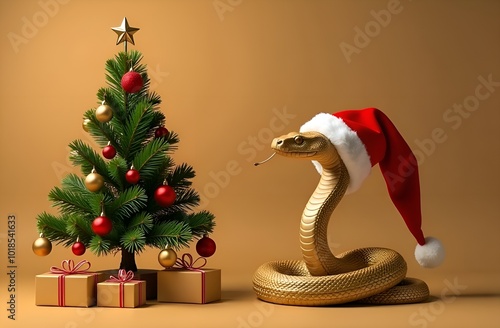 a golden snake in a Santa hat next to a Christmas tree on a golden background