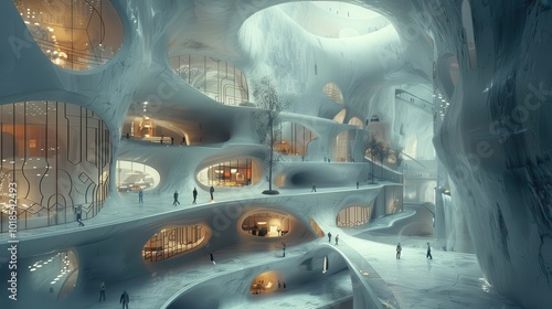 Generate a 3D cross-section view of a futuristic underground city