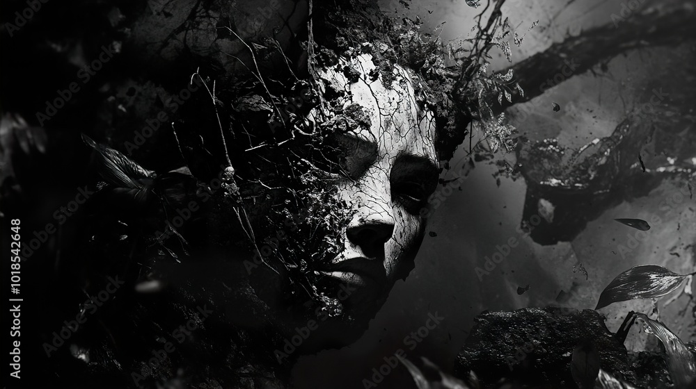 Obraz premium Surreal Black and White Abstract Face with Branches and Leaves