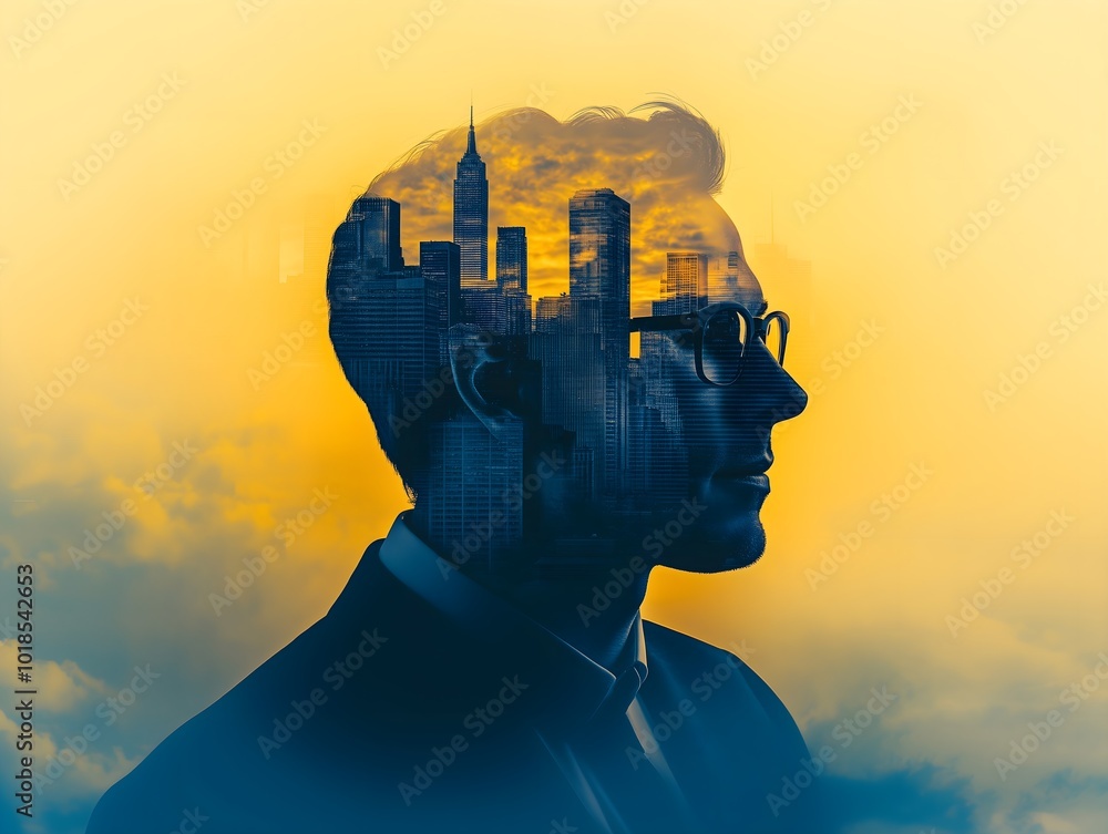Double exposure portrait of handsome man looking out to mega cityscape in night, with beautiful sunset and lights Double exposure portrait of handsome man looking out to mega cityscape in night, with beautiful sunset and lights