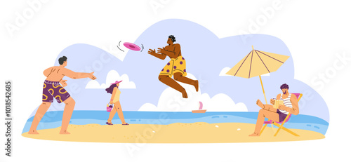 Vector illustration depicting leisure on the beach: people playing frisbee, reading and enjoying the sun