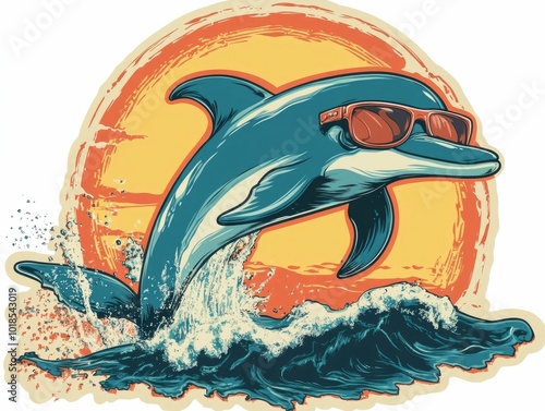 Vibrant retro style depicting a dolphin jumping out of the ocean waves  wearing stylish sunglasses against a backdrop of a bright sun and warm colors photo