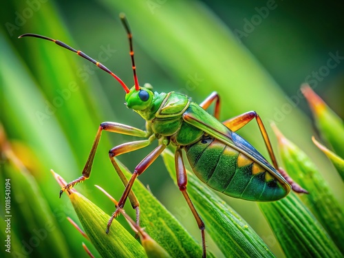 Vibrant green spricket bug with intricate wings and delicate legs perches on a wispy blade of grass, showcasing its camouflage abilities in a lush meadow. photo