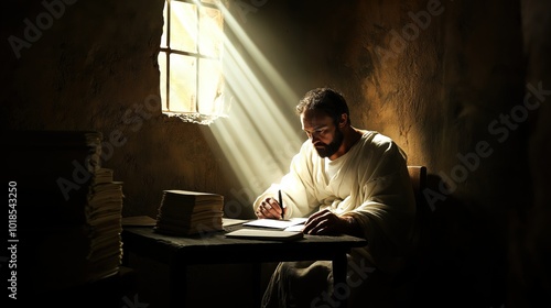 Apostle Paul writing letter in dimly lit prison cell surrounded by scrolls and scripture