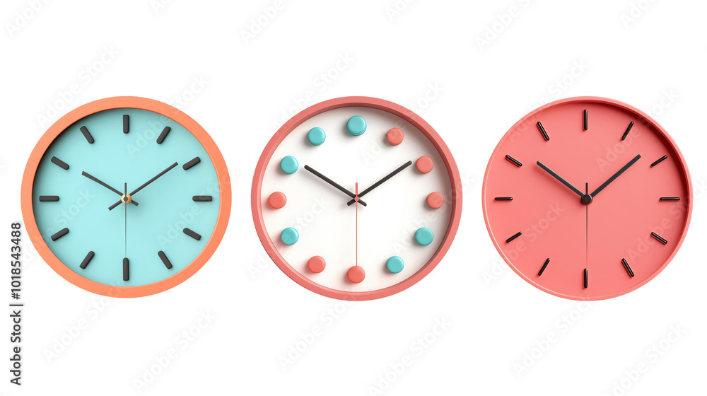 Three colorful wall clocks on a white isolated background. Three colorful wall clocks on a white isolated background.