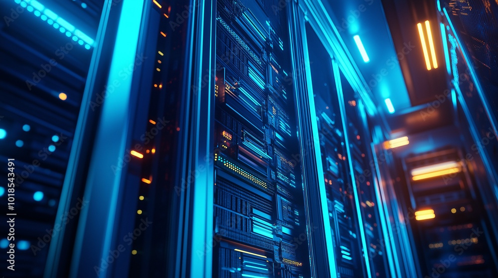 Modern data center with glowing server racks showcasing advanced technology and vibrant LED lighting Modern data center with glowing server racks showcasing advanced technology and vibrant LED lighting