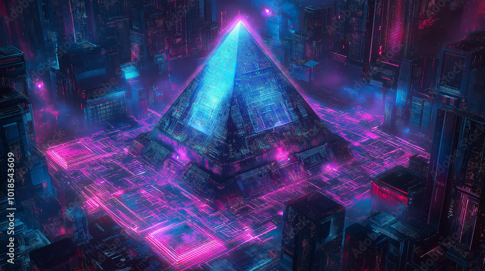 Fototapeta premium Futuristic pyramid structure illuminated by neon lights among a digital cityscape at night