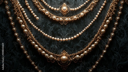 Close-up of Multiple Pearl and Gold Necklaces on Black Fabric