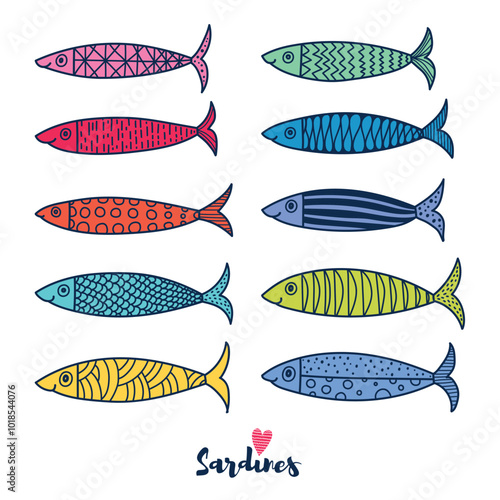Cute sardine.  Kids background. Set. Can be used in textile industry, paper, background, scrapbooking. transparent background