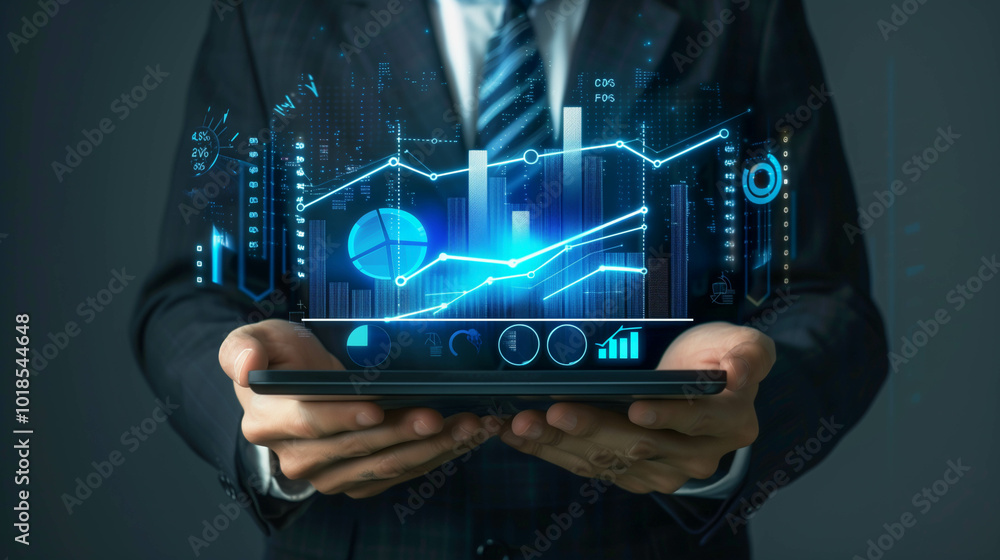 Accountant holding laptop computer with graph to analyze sales growth in the global workplace market. Accountant holding laptop computer with graph to analyze sales growth in the global workplace market.