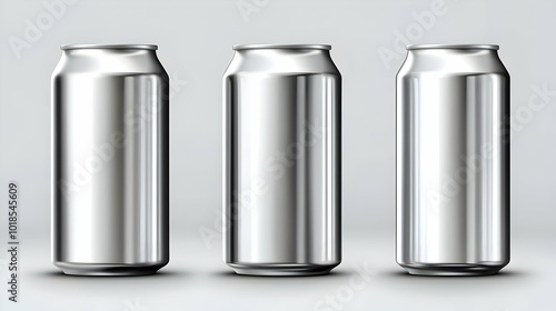 Three Shiny Silver Aluminum Cans Stand Upright on a Light Gray Background