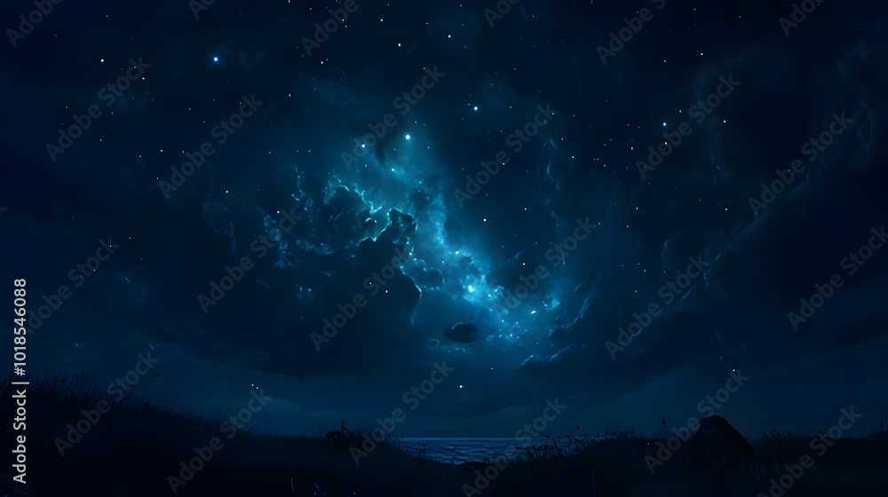 A breathtaking night sky with a vibrant nebula illuminating the dark expanse A breathtaking night sky with a vibrant nebula illuminating the dark expanse