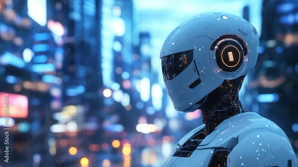 Advanced robot in urban futuristic city at night Advanced robot in urban futuristic city at night