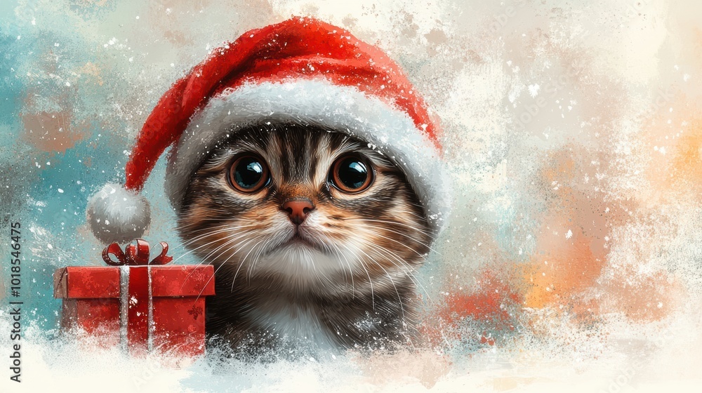 Adorable Kitten in Santa Hat with Gift Box Adorable Kitten in Santa Hat with Gift Box