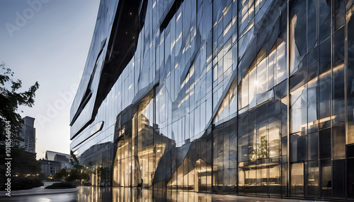 Futuristic Glass Office Building in Urban Cityscape