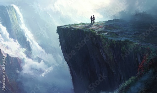 Couple standing on cliff overlooking misty valley.