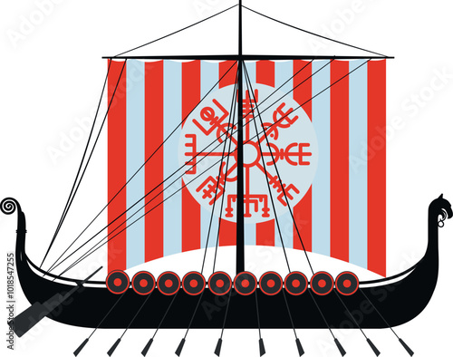 Vintage viking sailing ship drakkar with rows of oars and sail side view isolated on white background